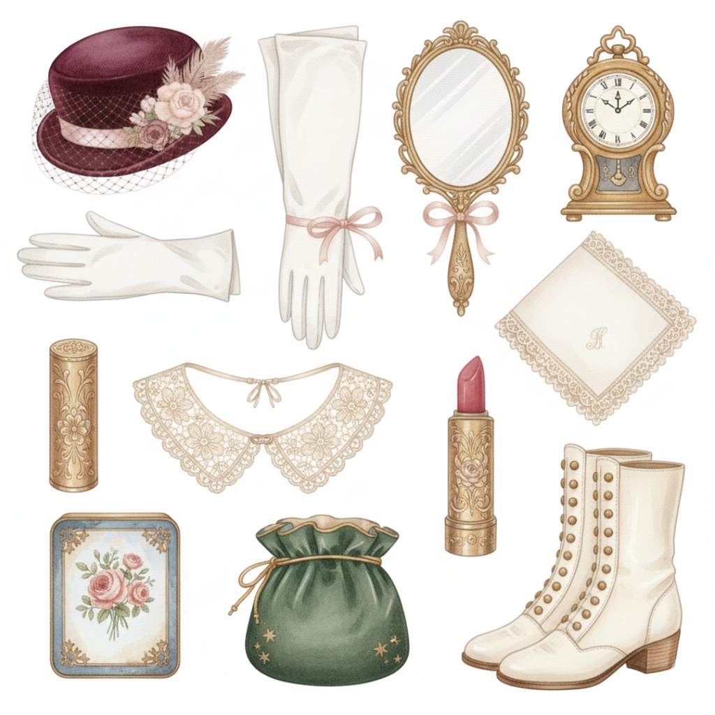 【水彩画風】レトロファッション クリップアートコレクション (PNG形式)