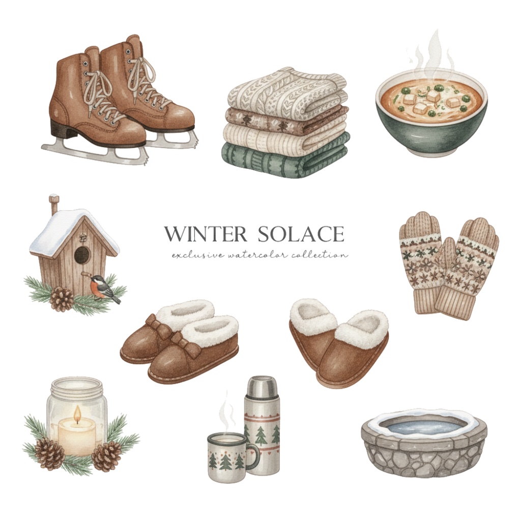 【水彩画風】Winter 冬のクリップアートコレクション (PNG形式)