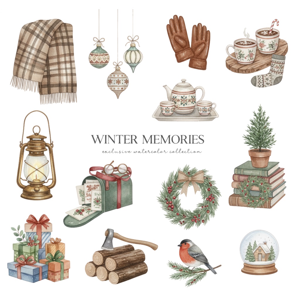 【水彩画風】Winter 冬のクリップアートコレクション (PNG形式)