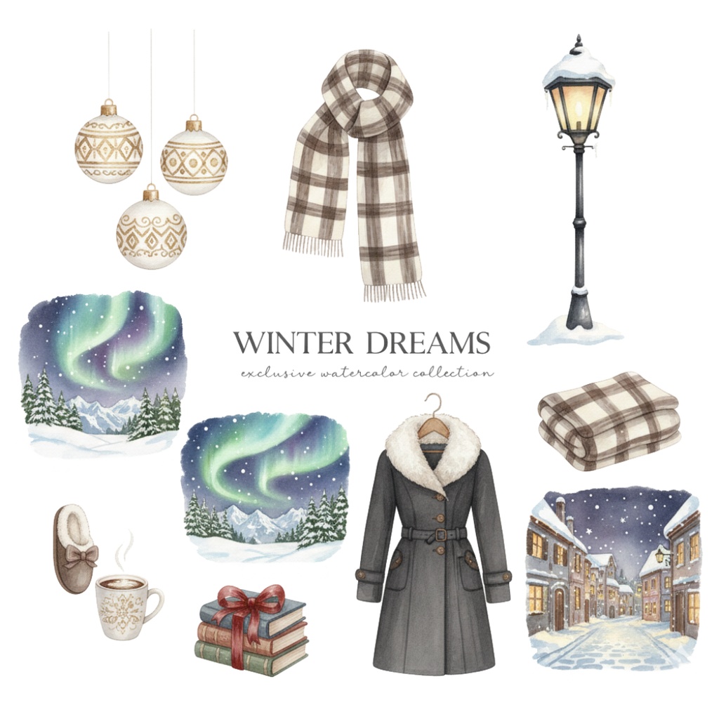 【水彩画風】Winter 冬のクリップアートコレクション (PNG形式)