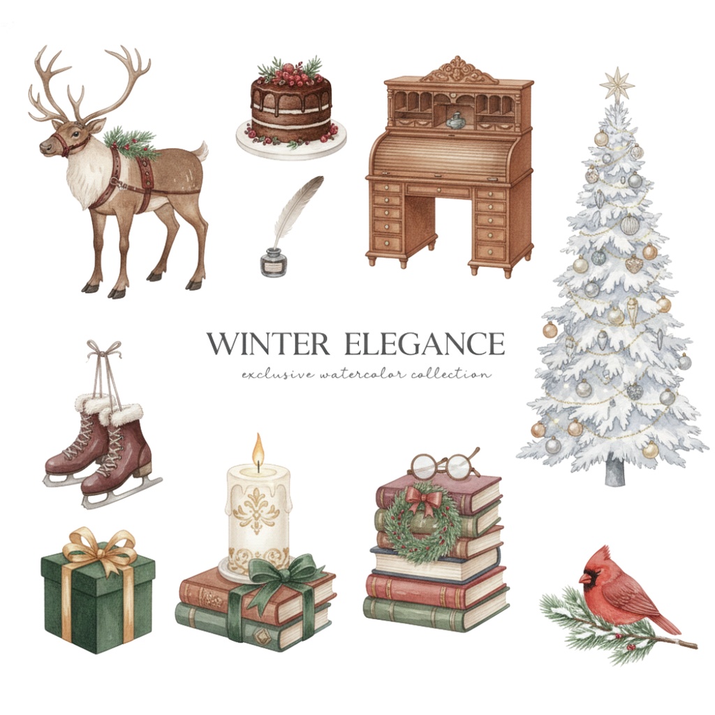 【水彩画風】Winter 冬のクリップアートコレクション (PNG形式)