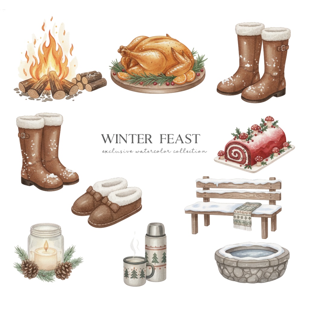 【水彩画風】Winter 冬のクリップアートコレクション (PNG形式)