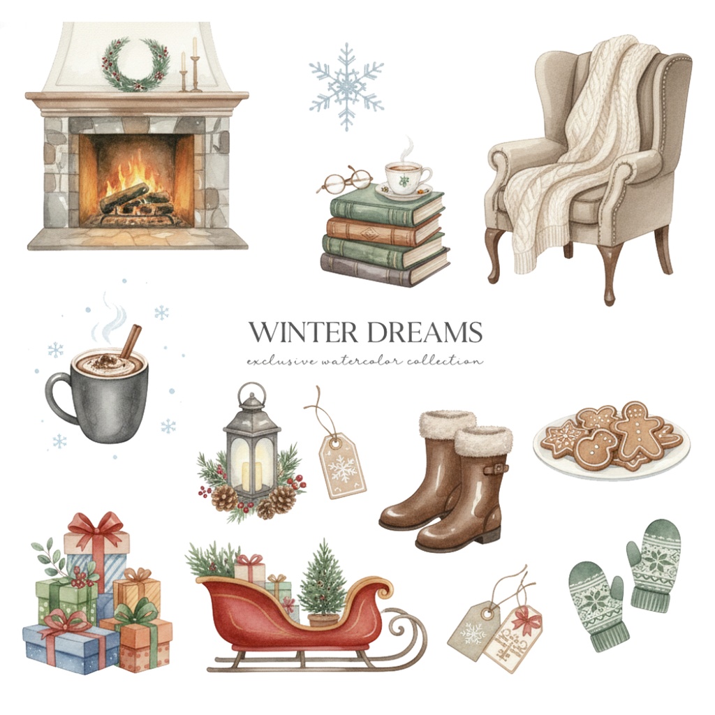 【水彩画風】Winter 冬のクリップアートコレクション (PNG形式)