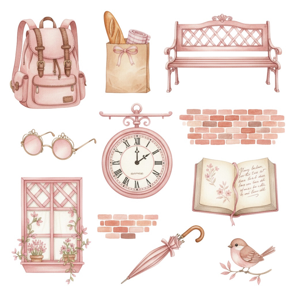 【水彩画風】ピンクなレトロ旅行 クリップアートコレクション (PNG形式)
