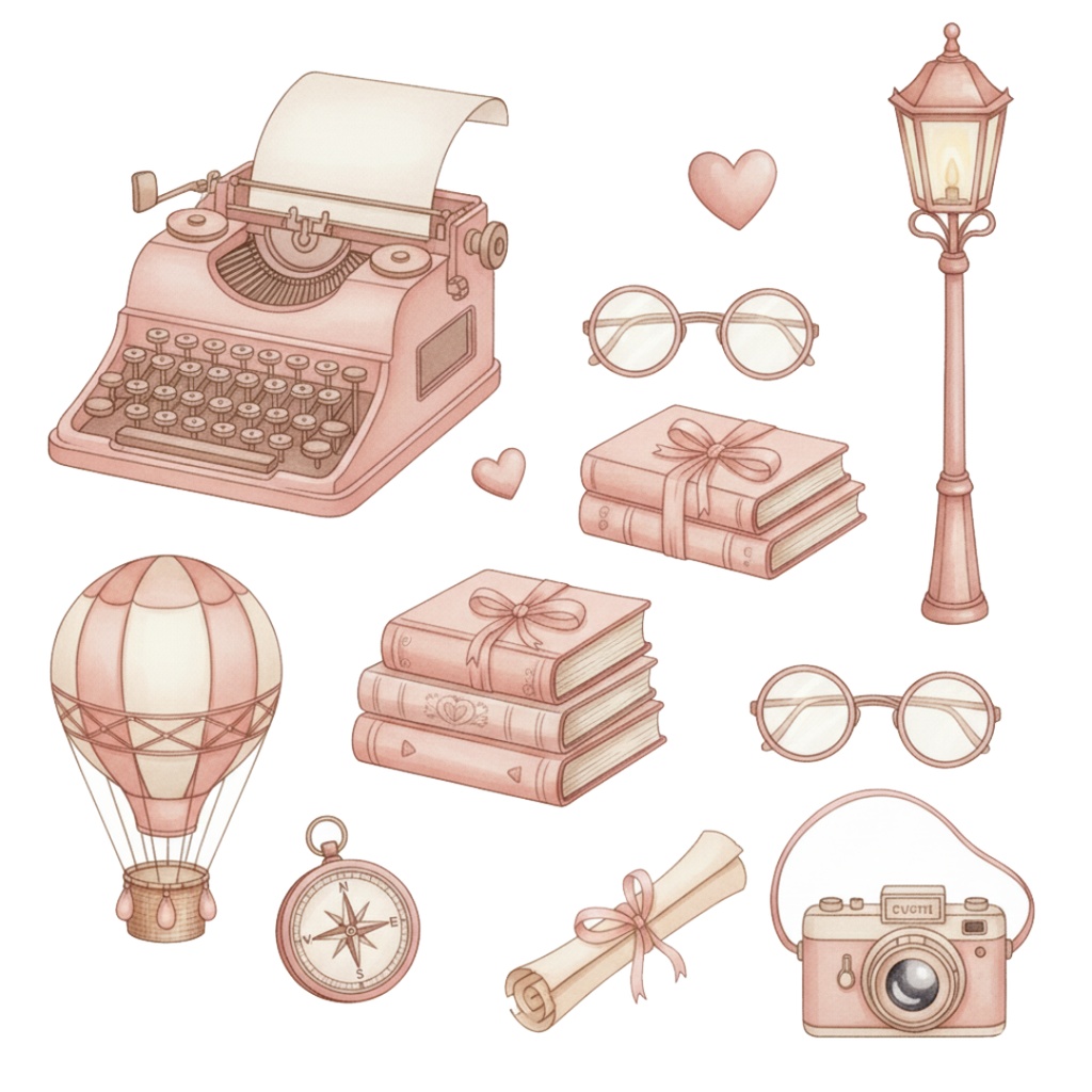 【水彩画風】ピンクなレトロ旅行 クリップアートコレクション (PNG形式)