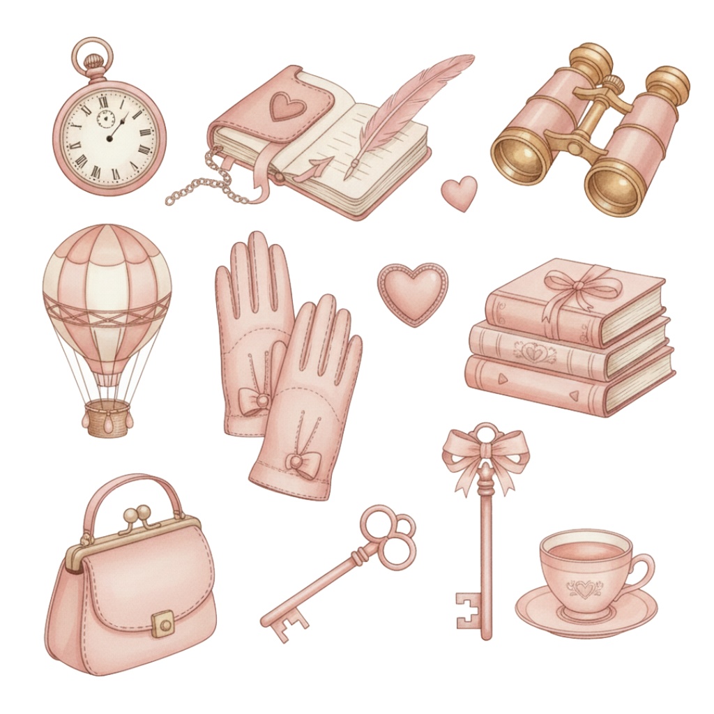 【水彩画風】ピンクなレトロ旅行 クリップアートコレクション (PNG形式)