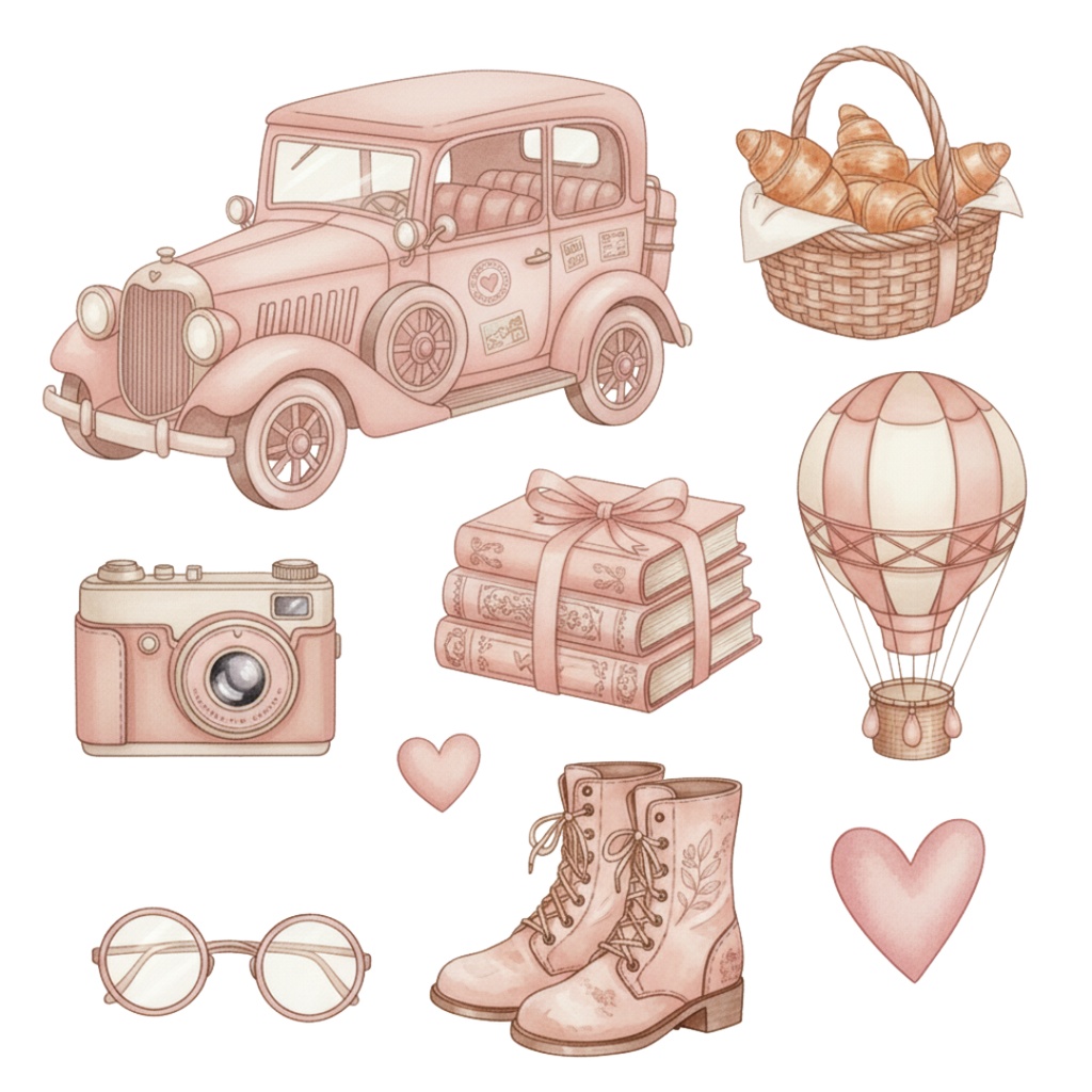 【水彩画風】ピンクなレトロ旅行 クリップアートコレクション (PNG形式)