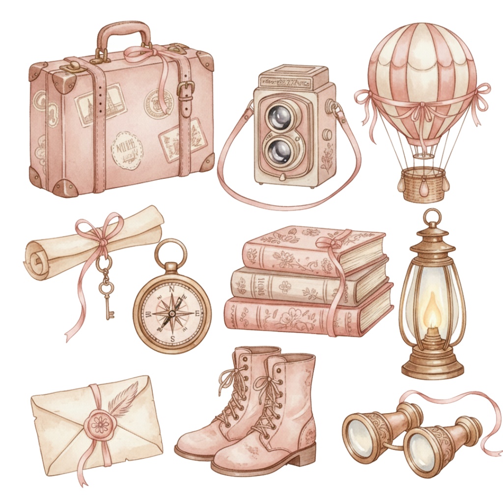 【水彩画風】ピンクなレトロ旅行 クリップアートコレクション (PNG形式)