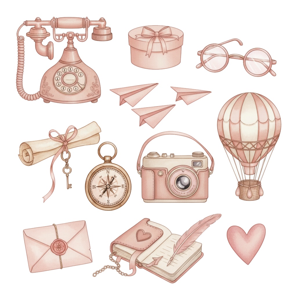 【水彩画風】ピンクなレトロ旅行 クリップアートコレクション (PNG形式)