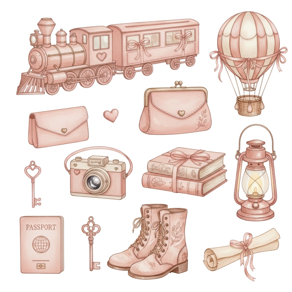 【水彩画風】ピンクなレトロ旅行 クリップアートコレクション (PNG形式)