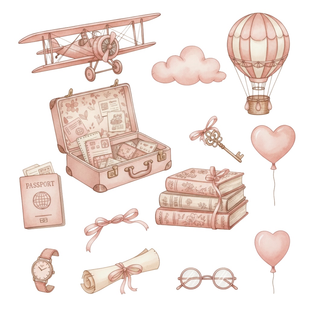 【水彩画風】ピンクなレトロ旅行 クリップアートコレクション (PNG形式)