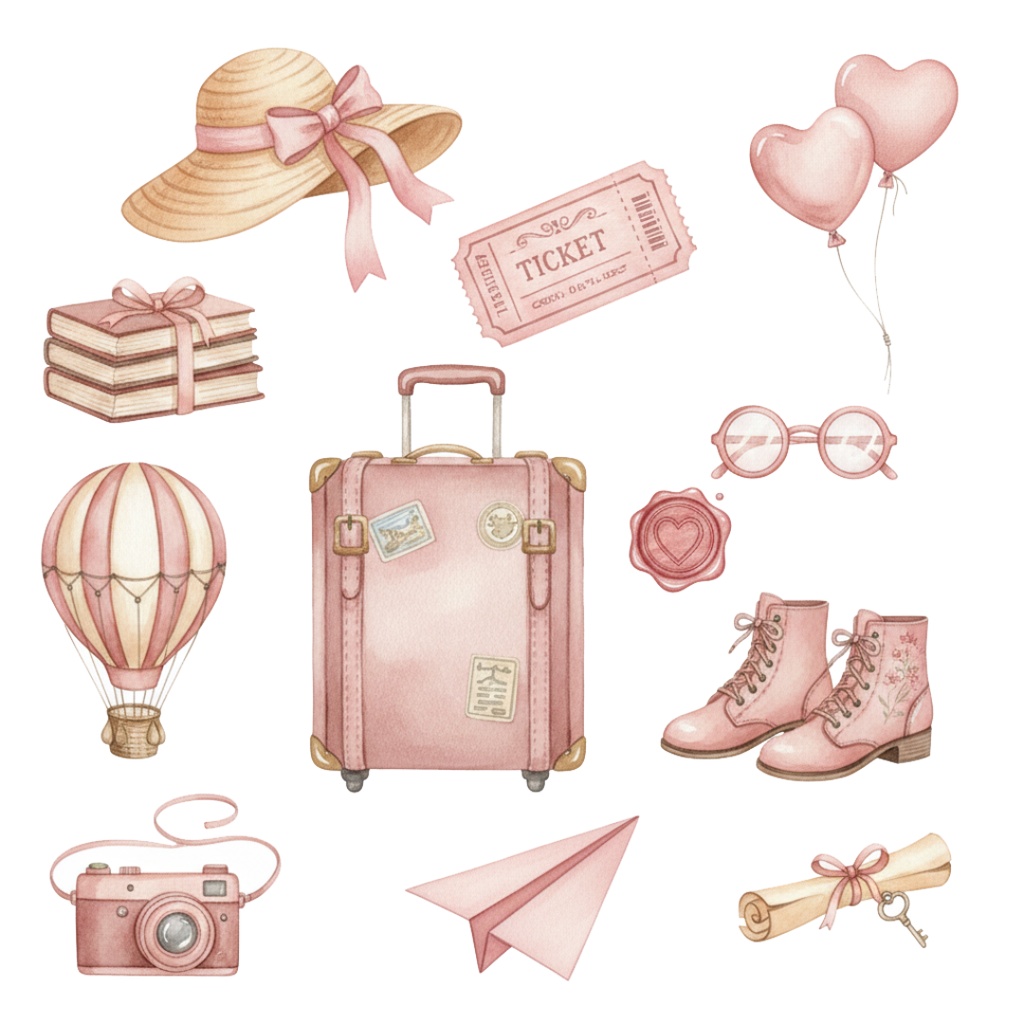 【水彩画風】ピンクなレトロ旅行 クリップアートコレクション (PNG形式)