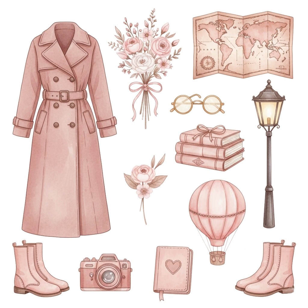 【水彩画風】ピンクなレトロ旅行 クリップアートコレクション (PNG形式)