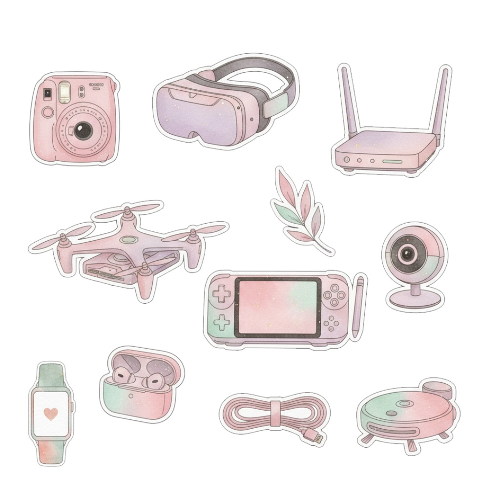 【水彩画風】ピンクなガジェット クリップアートコレクション (PNG形式)