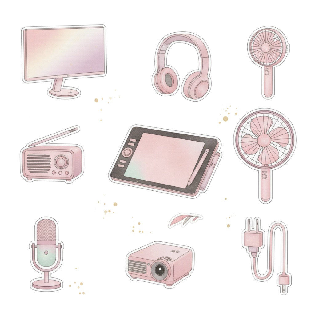 【水彩画風】ピンクなガジェット クリップアートコレクション (PNG形式)