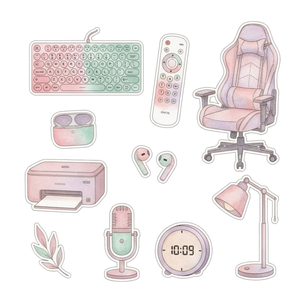 【水彩画風】ピンクなガジェット クリップアートコレクション (PNG形式)