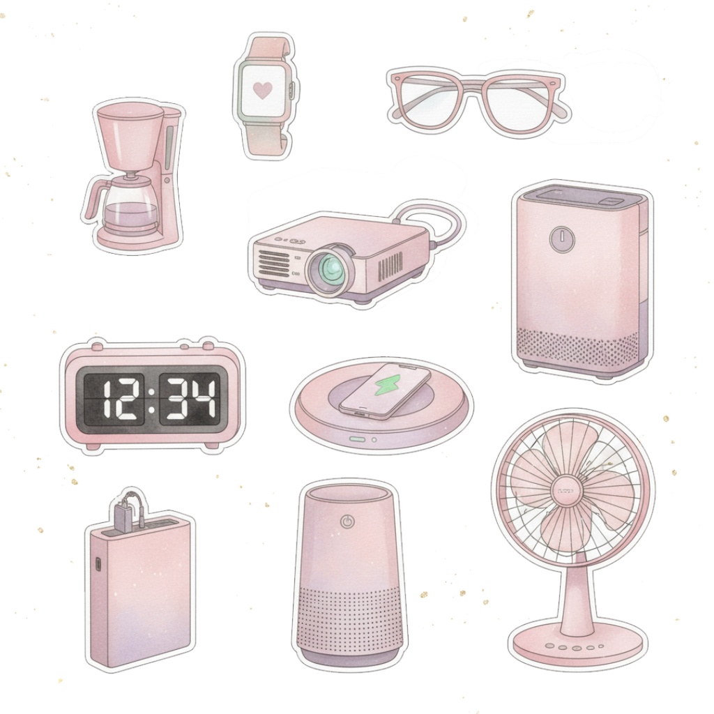 【水彩画風】ピンクなガジェット クリップアートコレクション (PNG形式)