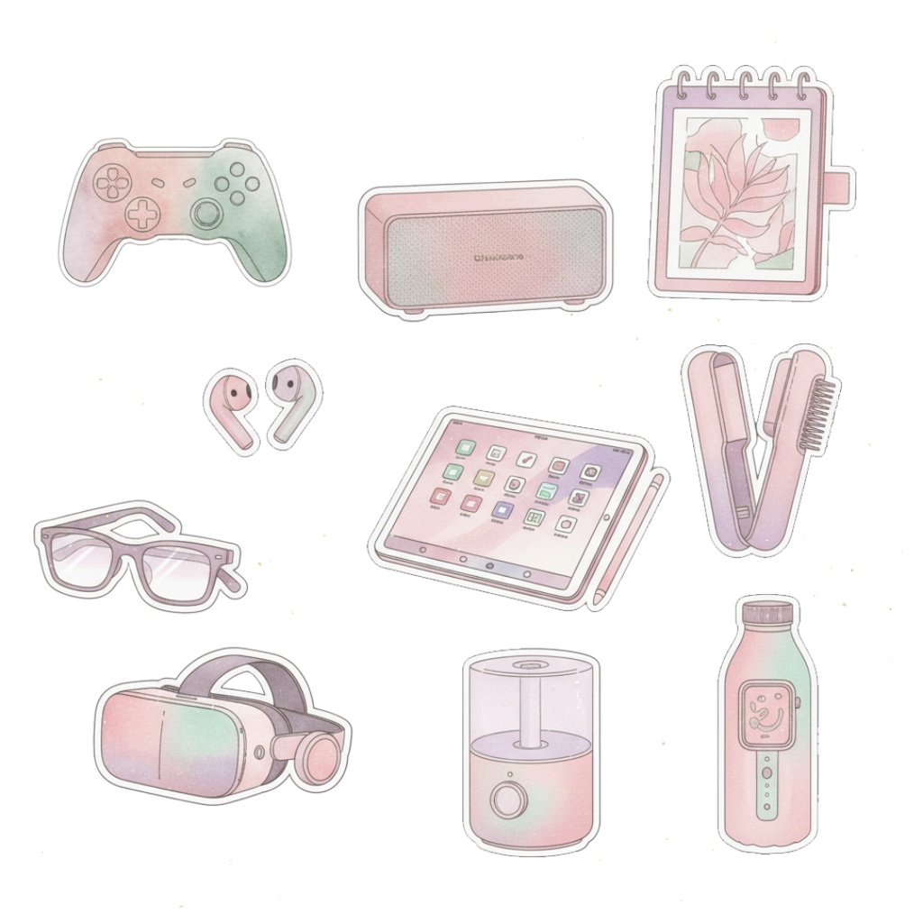 【水彩画風】ピンクなガジェット クリップアートコレクション (PNG形式)