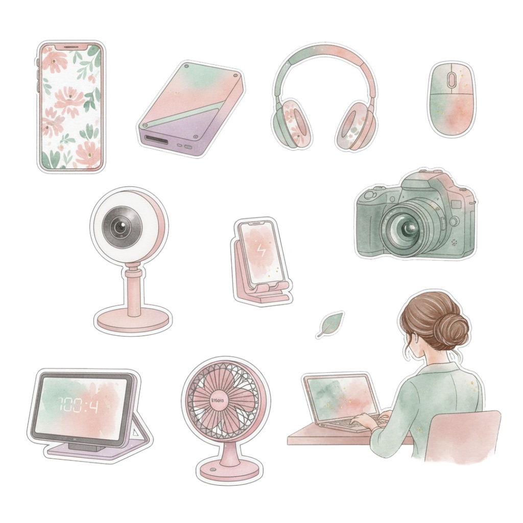 【水彩画風】ピンクなガジェット クリップアートコレクション (PNG形式)