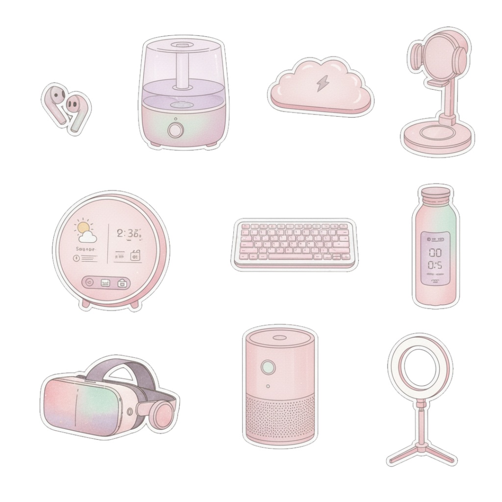 【水彩画風】ピンクなガジェット クリップアートコレクション (PNG形式)