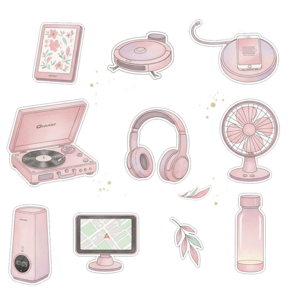 【水彩画風】ピンクなガジェット クリップアートコレクション (PNG形式)