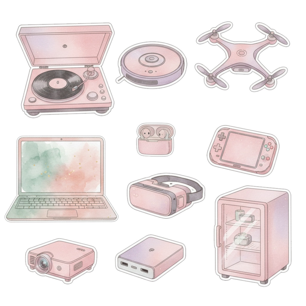 【水彩画風】ピンクなガジェット クリップアートコレクション (PNG形式)