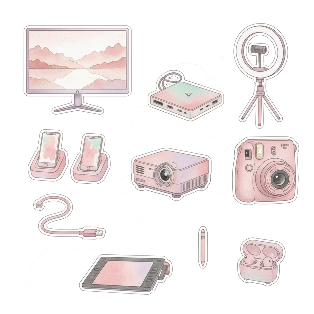 【水彩画風】ピンクなガジェット クリップアートコレクション (PNG形式)