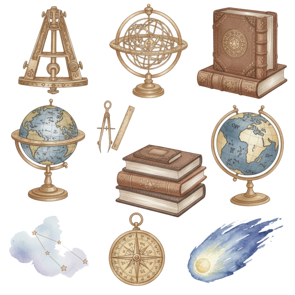 【水彩画風】天体観測 クリップアートコレクション (PNG形式)