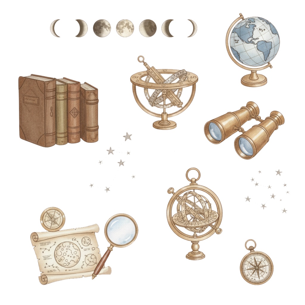 【水彩画風】天体観測 クリップアートコレクション (PNG形式)