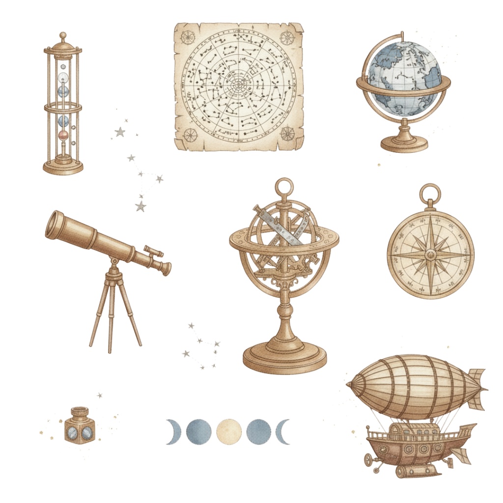 【水彩画風】天体観測 クリップアートコレクション (PNG形式)