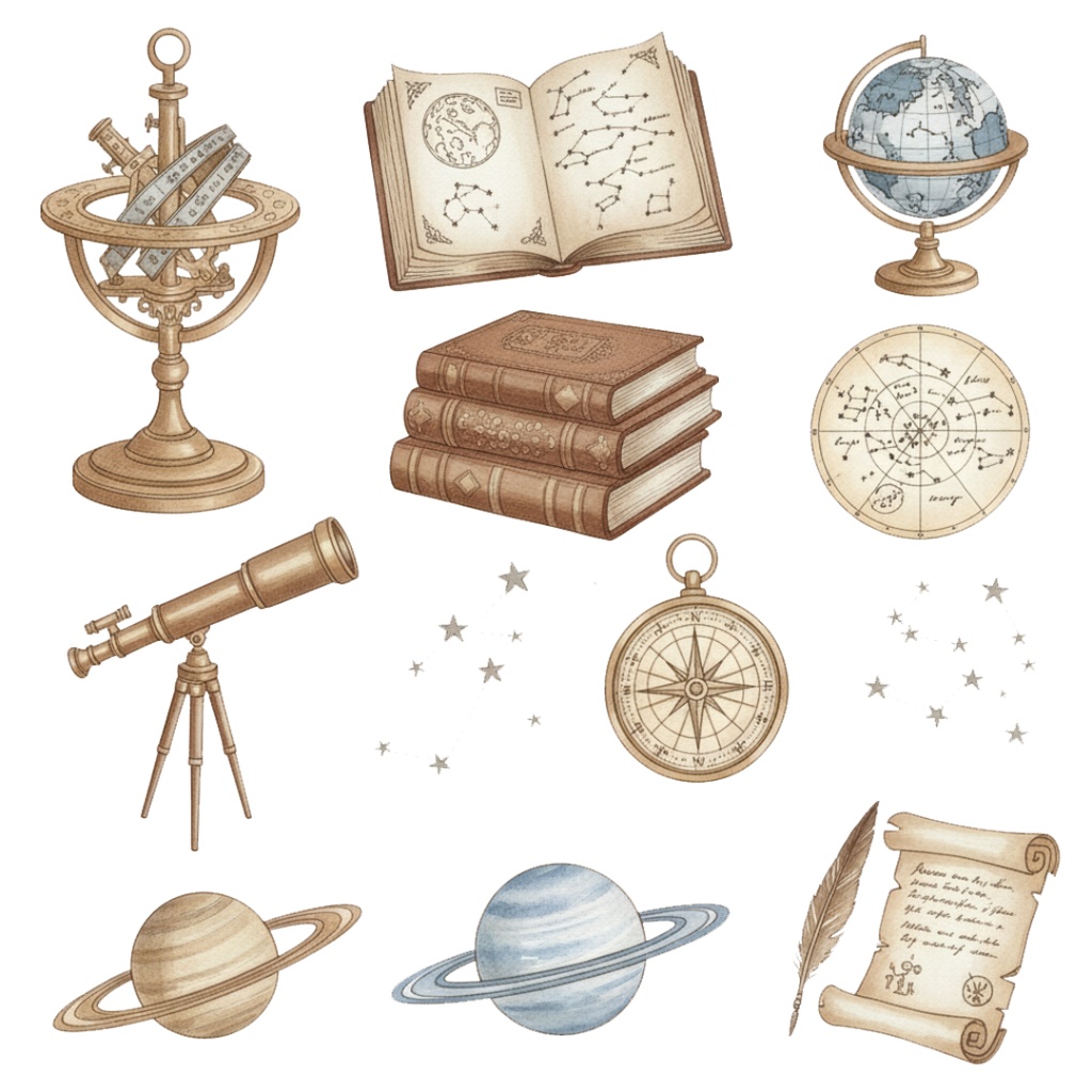 【水彩画風】天体観測 クリップアートコレクション (PNG形式)