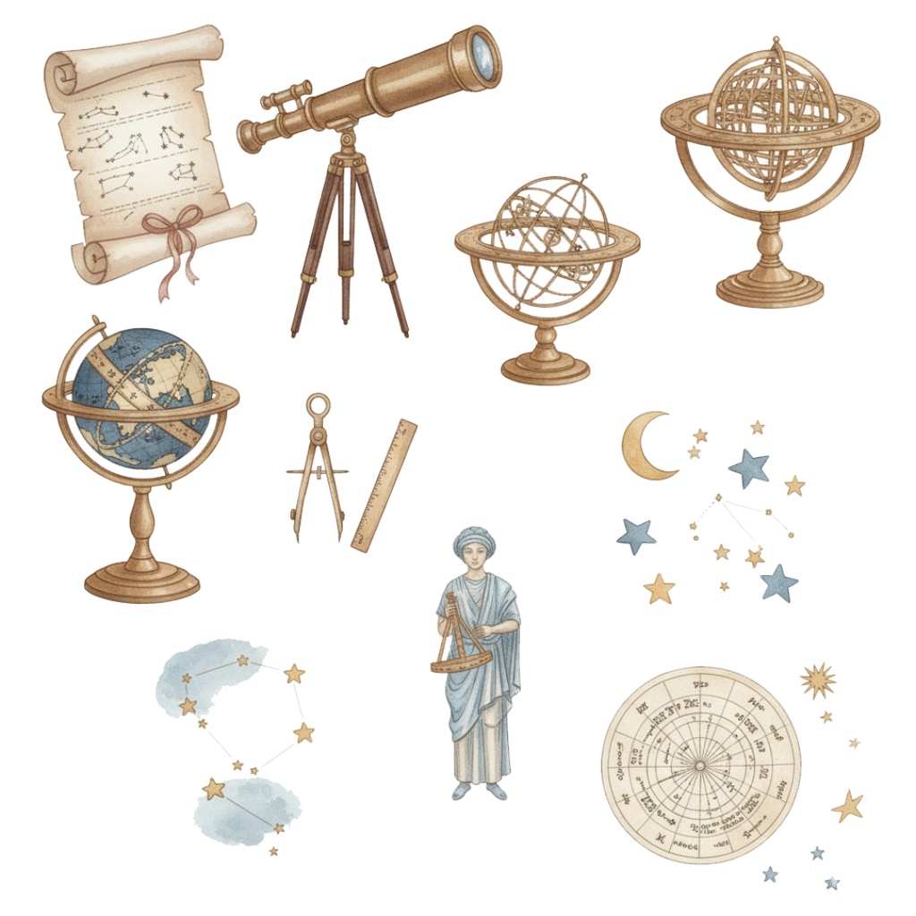 【水彩画風】天体観測 クリップアートコレクション (PNG形式)