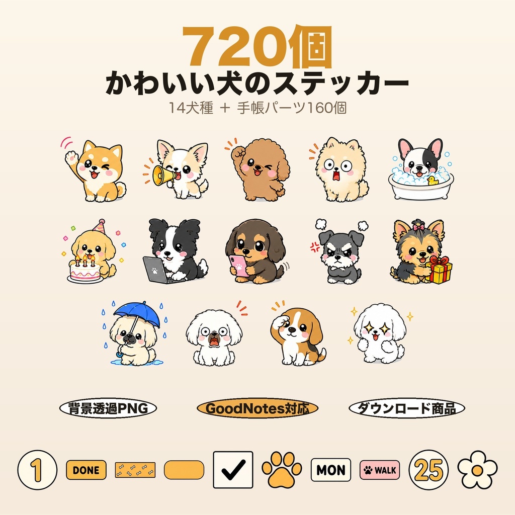 720個｜犬種デジタルステッカー 14犬種＋手帳パーツ160個｜柴犬 チワワ トイプードル｜GoodNotes 背景透過PNG