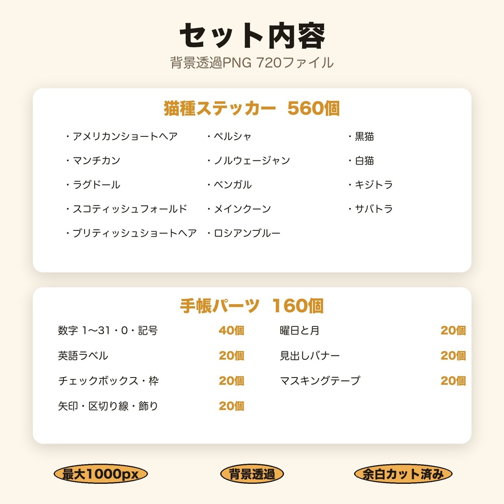 720個|猫種デジタルステッカー 14猫種+手帳パーツ160個|黒猫 マンチカン ラグドール|GoodNotes 背景透過PNG