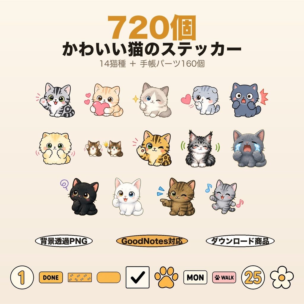 720個｜猫種デジタルステッカー 14猫種＋手帳パーツ160個｜黒猫 マンチカン ラグドール｜GoodNotes 背景透過PNG