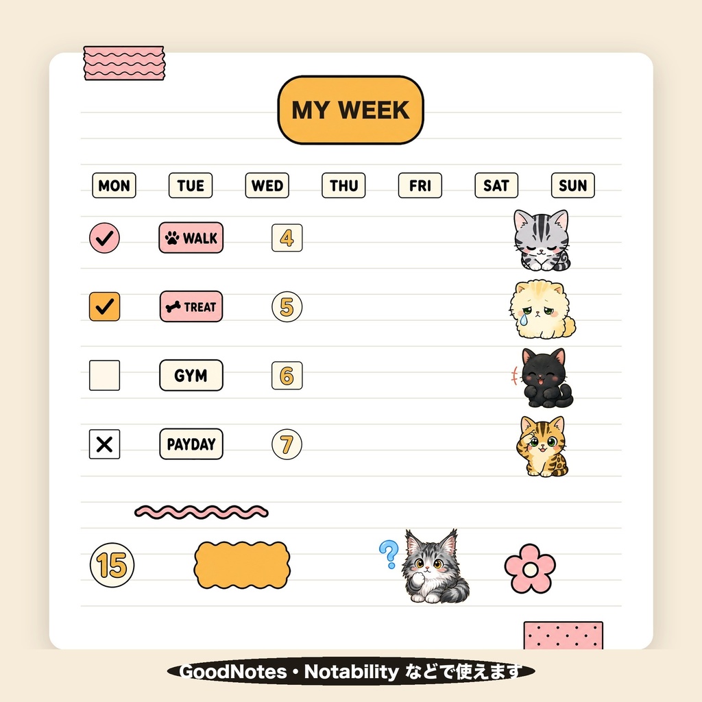720個|猫種デジタルステッカー 14猫種+手帳パーツ160個|黒猫 マンチカン ラグドール|GoodNotes 背景透過PNG