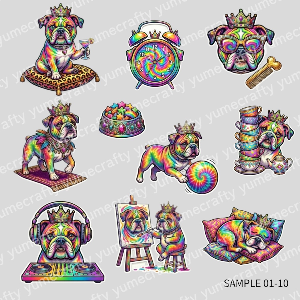 【背景透過PNG】サイケデリックブルドッグの一日 クリップアート・イラスト素材集(全20種セット)