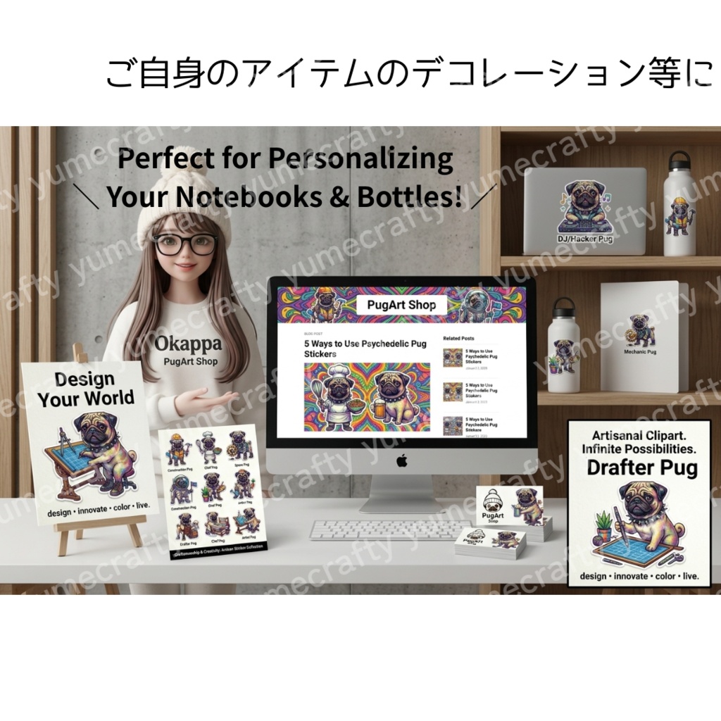 【背景透過PNG】パンクなパグの職業訓練シリーズ クリップアート・イラスト素材集(全20種セット)