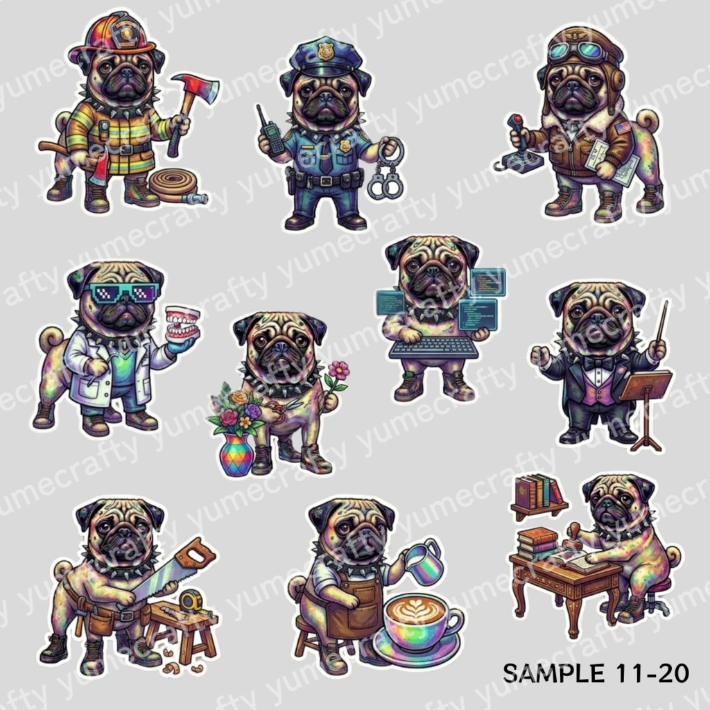 【背景透過PNG】パンクなパグの職業訓練シリーズ クリップアート・イラスト素材集(全20種セット)