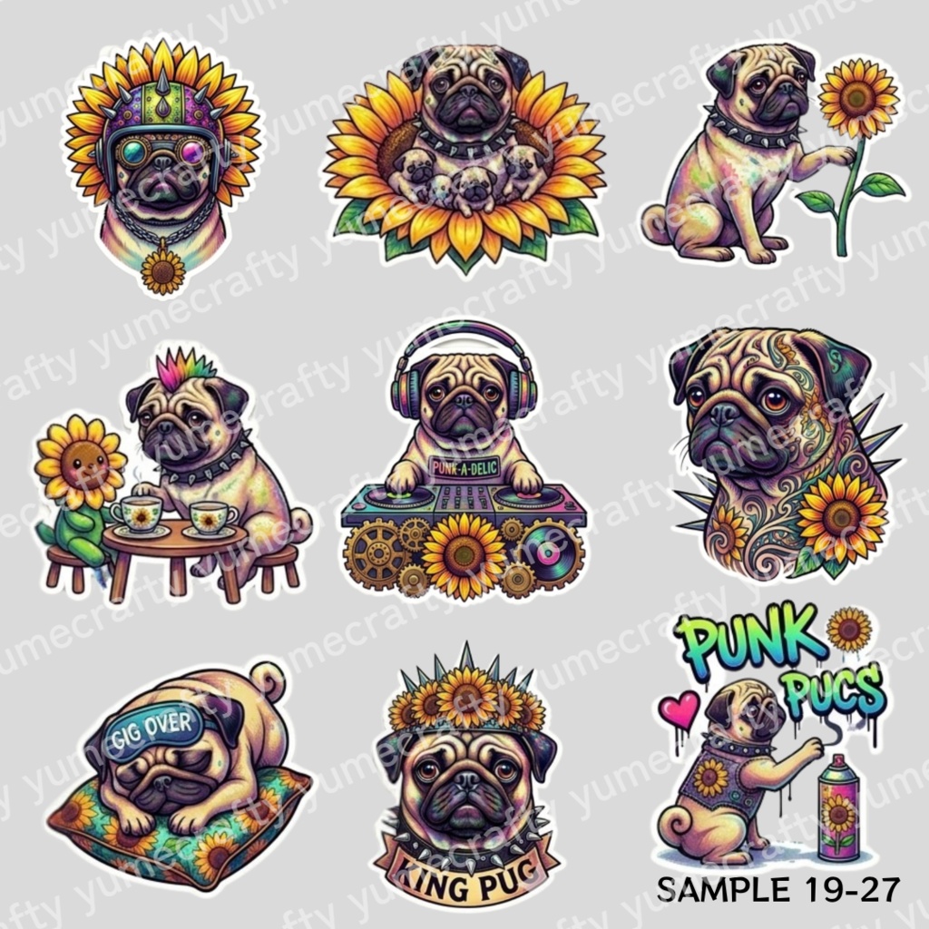 【背景透過PNG】パグとひまわり - punk pug & sunflower - クリップアート・イラスト素材集(全27種セット)