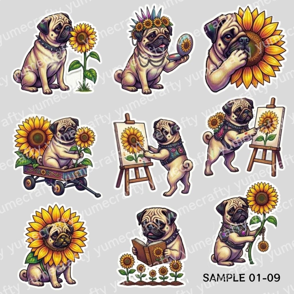 【背景透過PNG】パグとひまわり - punk pug & sunflower - クリップアート・イラスト素材集(全27種セット)