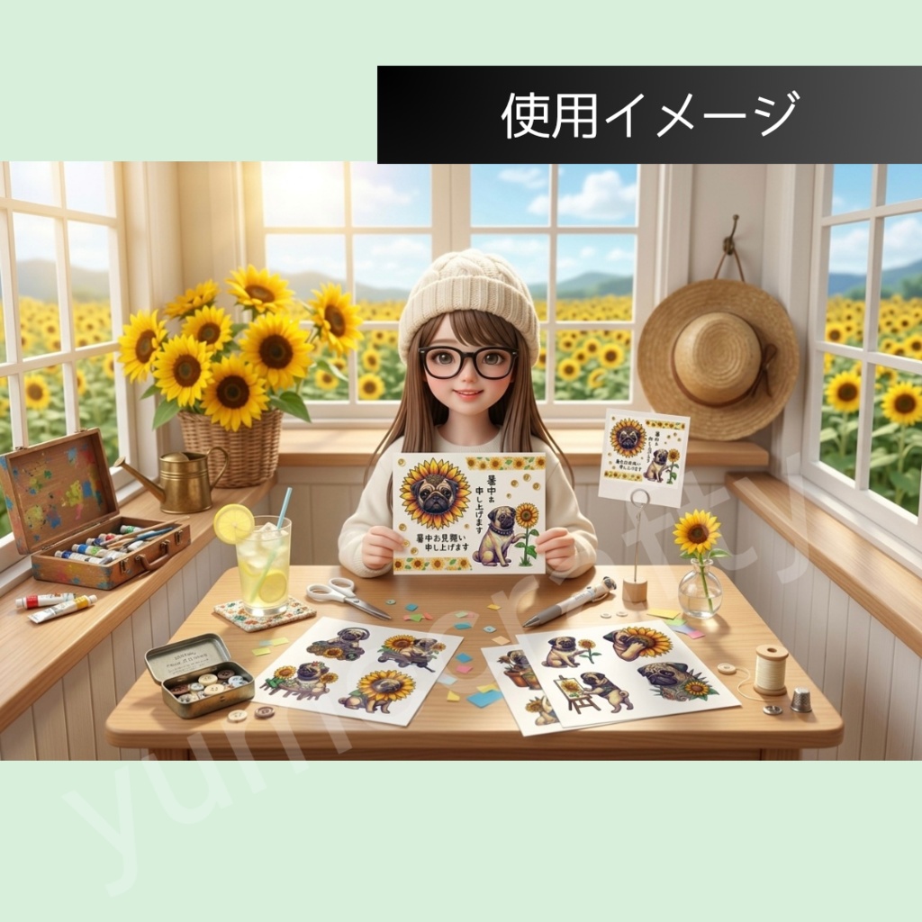 【背景透過PNG】パグとひまわり - punk pug & sunflower - クリップアート・イラスト素材集(全27種セット)