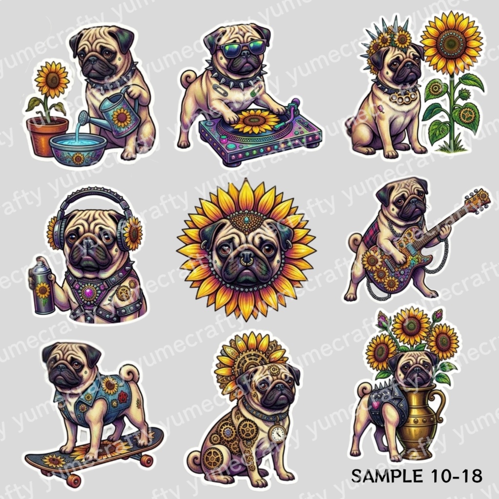【背景透過PNG】パグとひまわり - punk pug & sunflower - クリップアート・イラスト素材集(全27種セット)