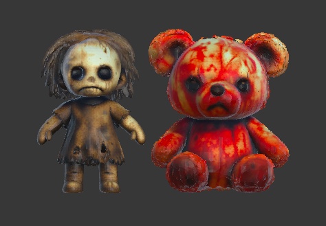 【3Dモデル】血のついた熊のぬいぐるみ & 古い人形 2点セット/ホラーゲーム素材