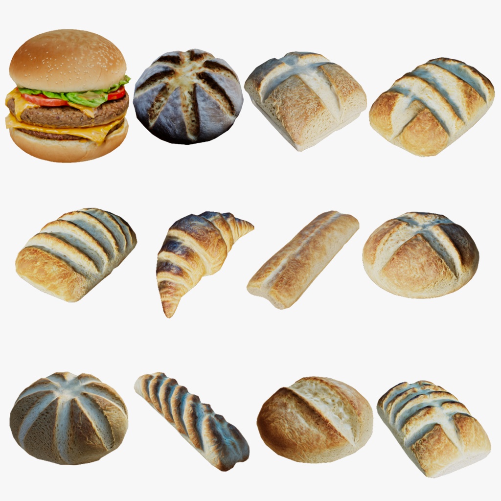 【3Dモデル】リアルなハンバーガーとパンの12点セット/食べ物/フード