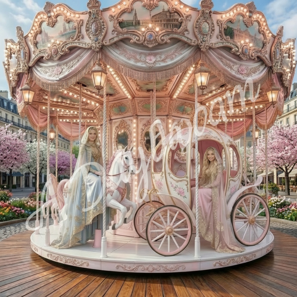 AI画像集 Spring ~ Palace of Cherry Blossoms 桜の花の宮殿 No7, No.11 桜の花の宮殿 可愛らしい馬車 No. 8,No.9 魅惑のメリーゴーランド No.10 5枚セット