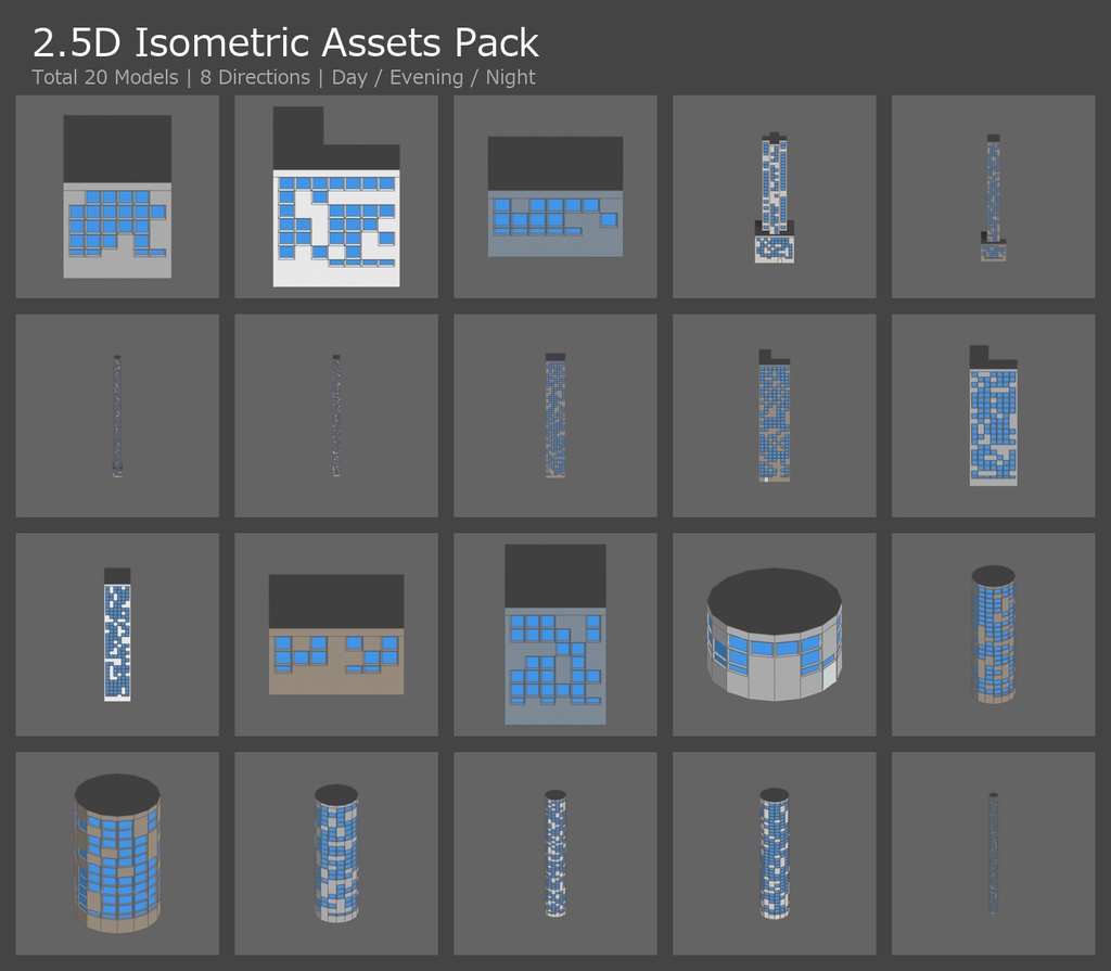 【2.5D City Generator】2.5Dアニメ調ビル素材集 Vol.1 [オフィスビル編] - 20種・8アングル