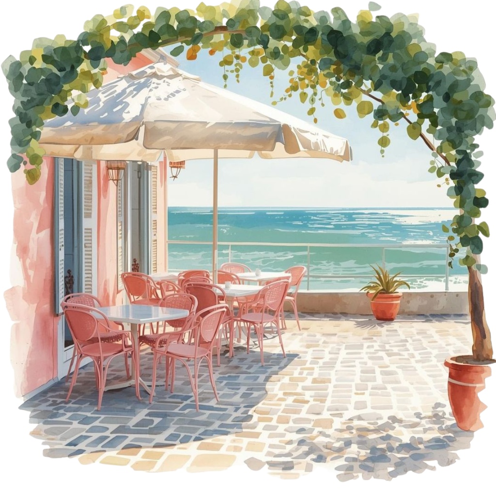 水彩画風 海辺カフェとメニュー のクリップアートセット(PNG・全12点)