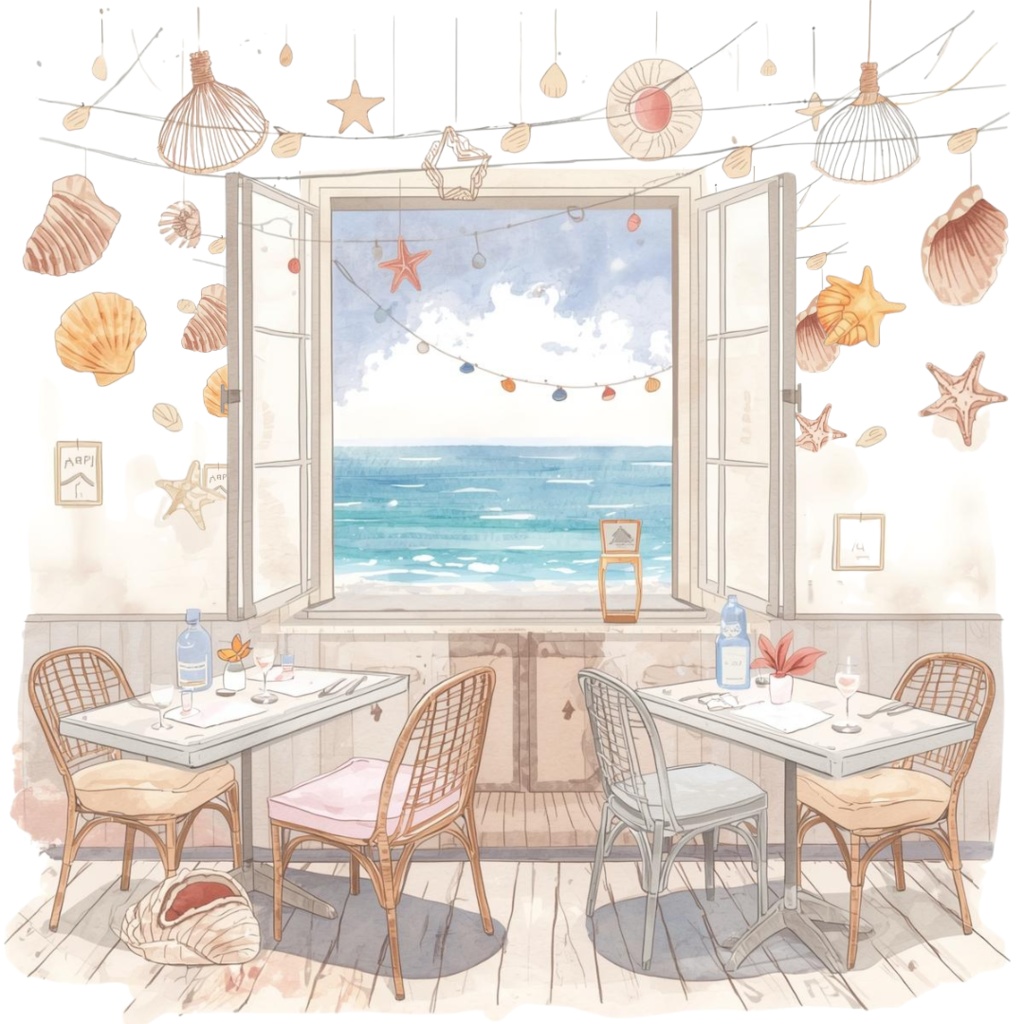 水彩画風 海辺カフェとメニュー のクリップアートセット(PNG・全12点)