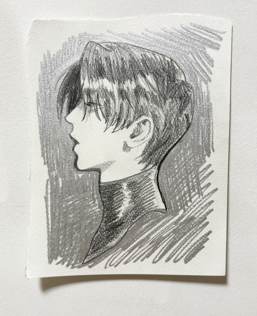 【手書き原画】左横向きのシルバーペン背景の人。